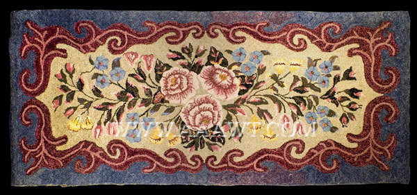 Antique Hooked Rug, Pink Rose Center Medallion, Pearl McGown Design, entire view